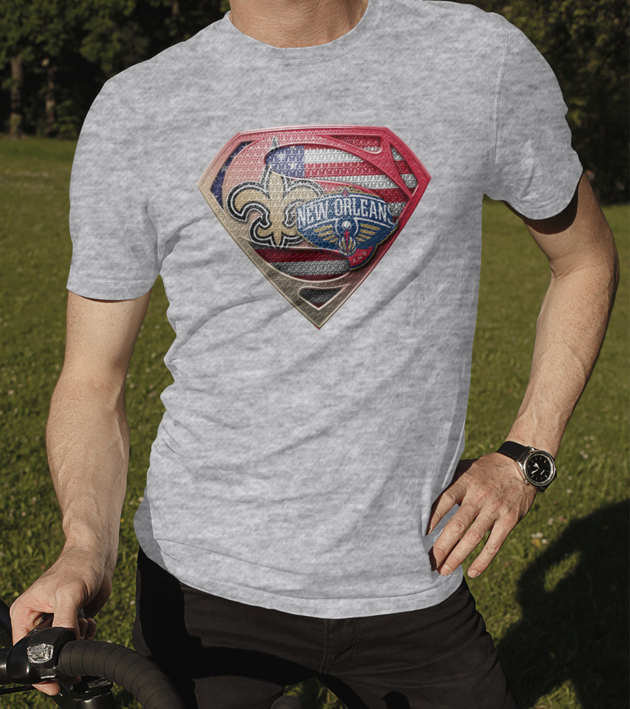 Superman Shield New Orleans Saints Pelicans American Flag T-Shirt
