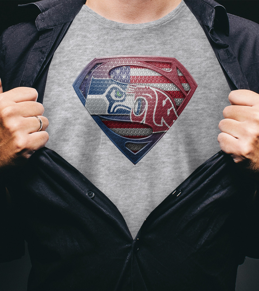Seahawks Cougars Superman Shield Usa Flag T-Shirt
