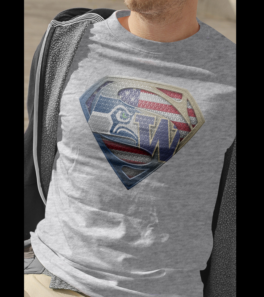 Superman Logo Seahawks W American Flag Hybrid T-Shirt