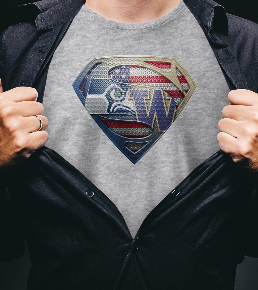Superman Logo Seahawks W American Flag Hybrid T-Shirt