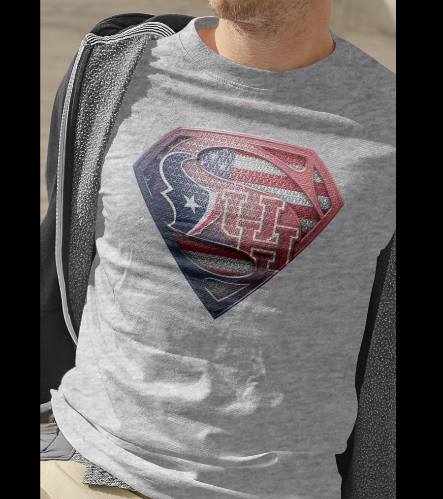 Houston Texans And University Of Houston Super Shield With American Flag T-Shirt
