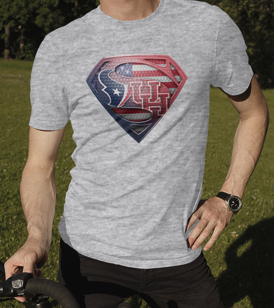Houston Texans And University Of Houston Super Shield With American Flag T-Shirt