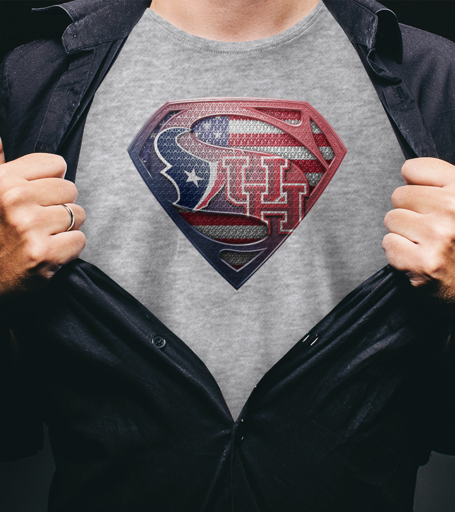 Houston Texans And University Of Houston Super Shield With American Flag T-Shirt