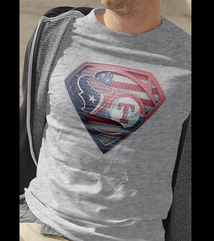 Superman Shield Houston Texans And Texas Rangers American Flag T-Shirt
