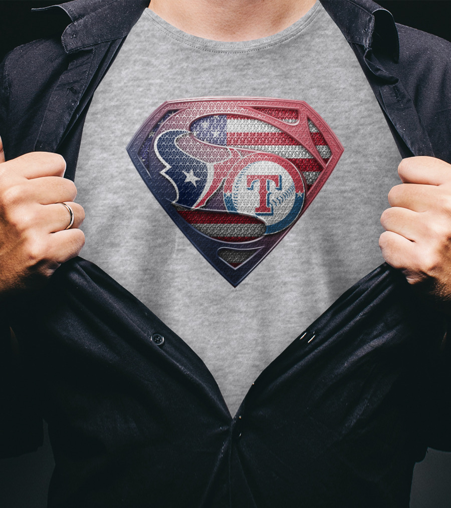 Superman Shield Houston Texans And Texas Rangers American Flag T-Shirt