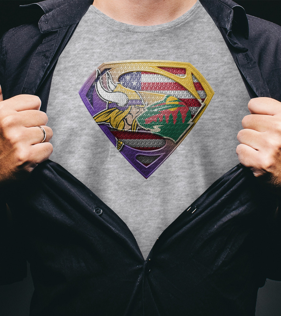 Superman Shield Minnesota Vikings Wild Usa Flag Combination T-Shirt