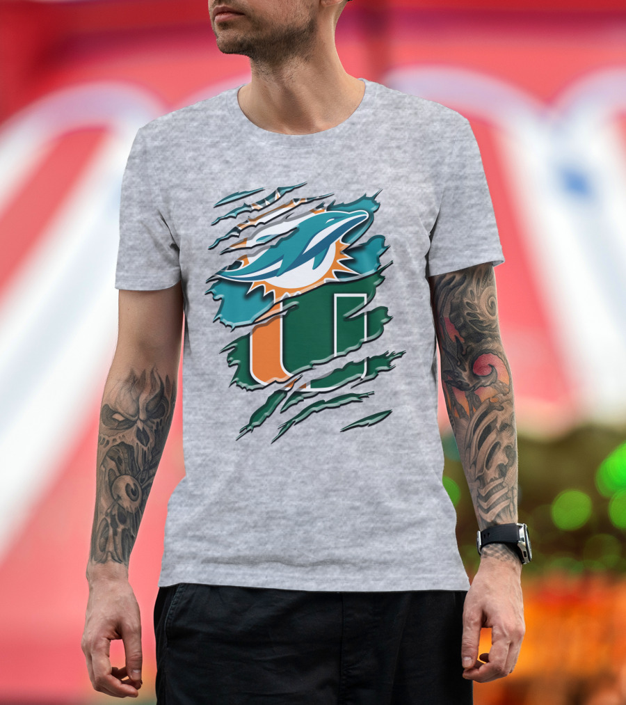 Miami Dolphins And University Of Miami Hurricanes Torn Design Rah 052 T-Shirt