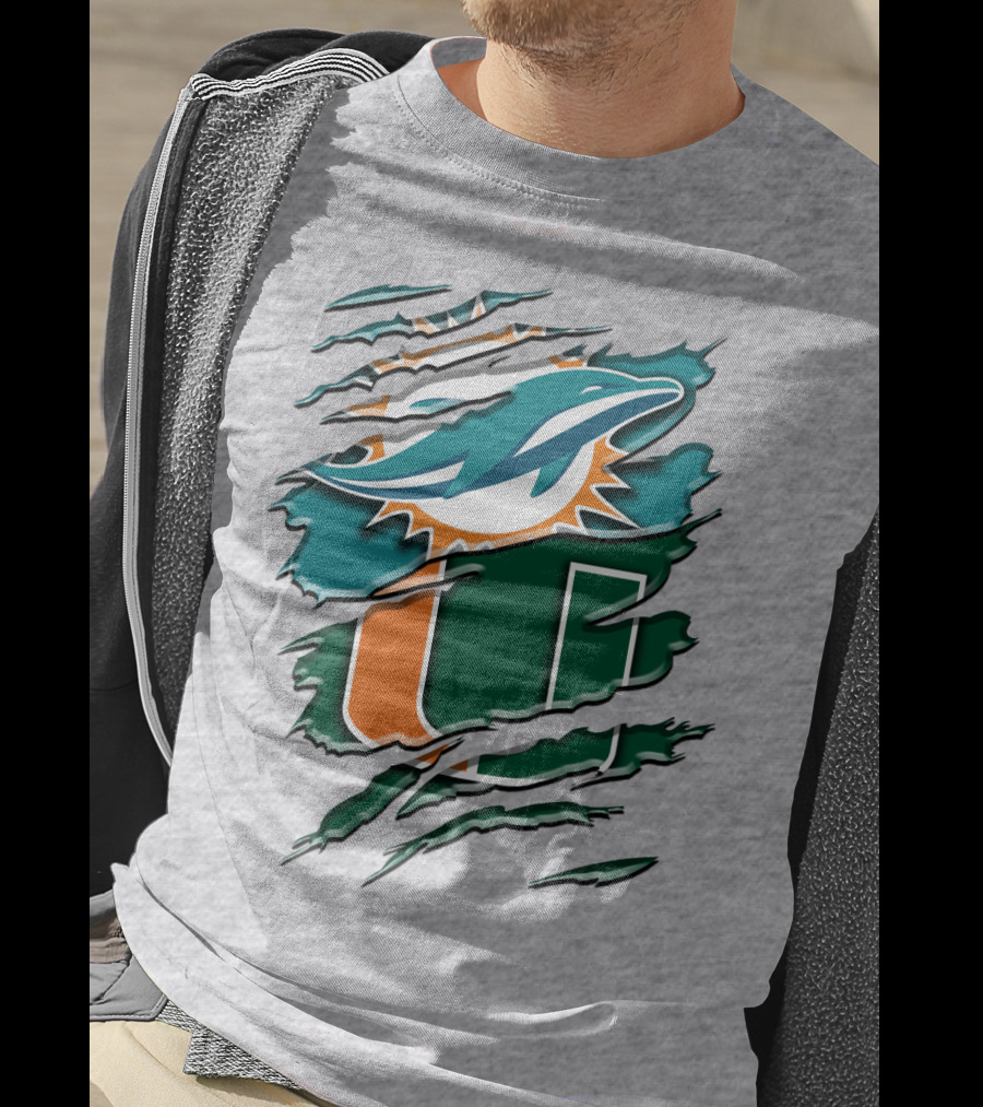 Miami Dolphins And University Of Miami Hurricanes Torn Design Rah 052 T-Shirt