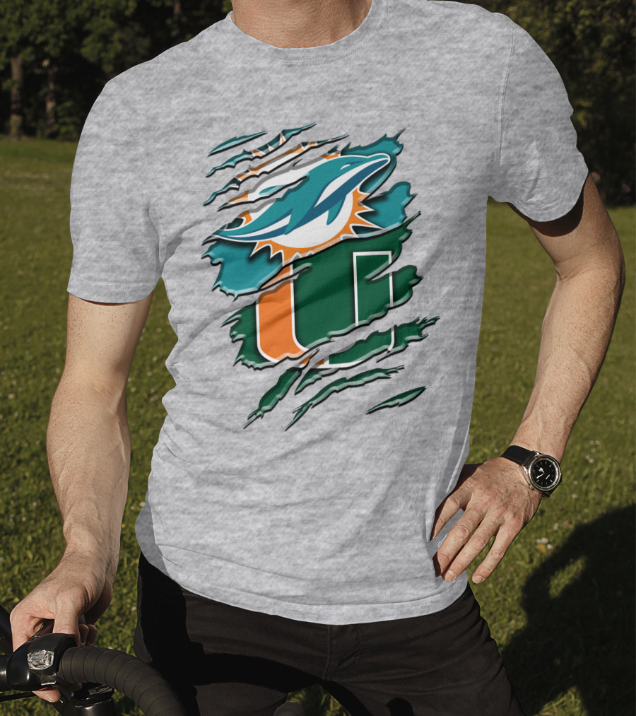 Miami Dolphins And University Of Miami Hurricanes Torn Design Rah 052 T-Shirt