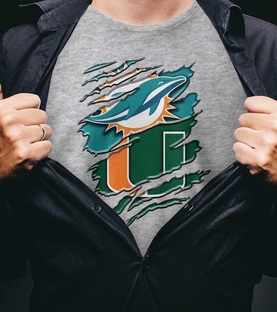 Miami Dolphins And University Of Miami Hurricanes Torn Design Rah 052 T-Shirt