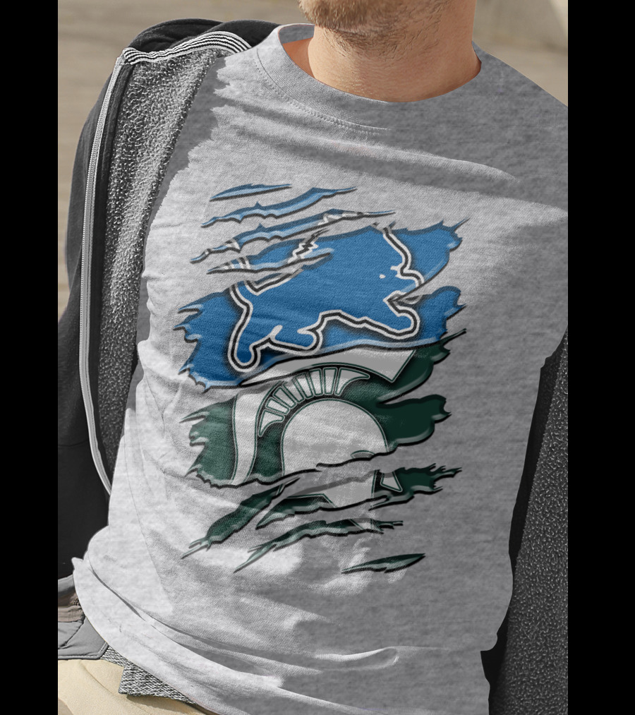 Detroit Lions Michigan State Spartans Ripped Claw Scratch Design Rah 076 T-Shirt