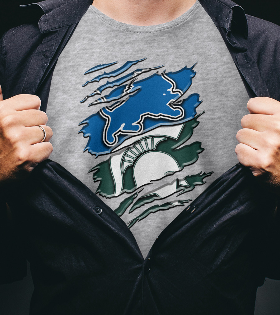 Detroit Lions Michigan State Spartans Ripped Claw Scratch Design Rah 076 T-Shirt