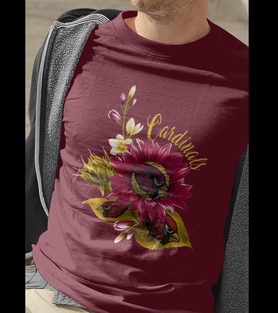 Cardinals Floral Sunflower And Bird Art On Red T-Shirt
