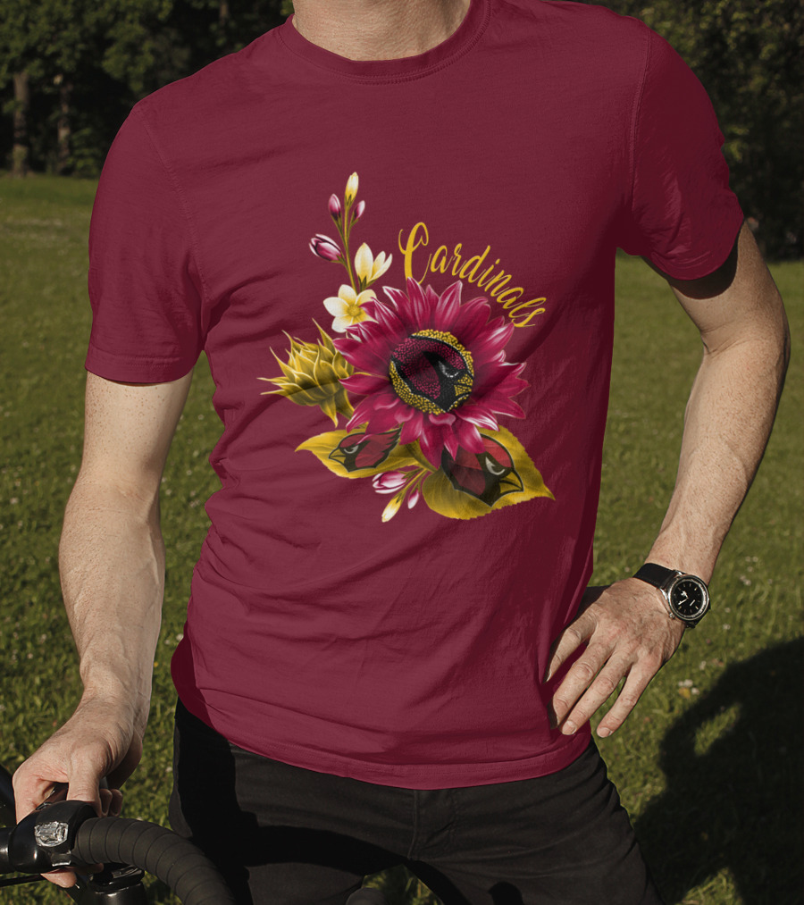 Cardinals Floral Sunflower And Bird Art On Red T-Shirt
