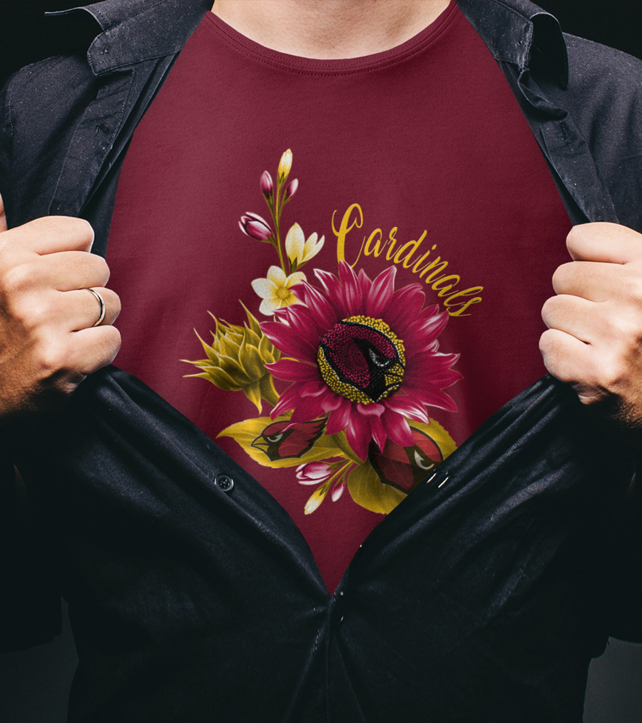 Cardinals Floral Sunflower And Bird Art On Red T-Shirt