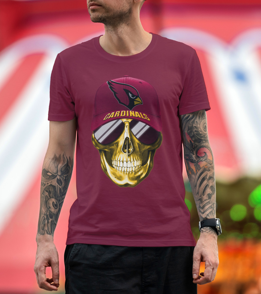 Arizona Cardinals Skull With Hat And Sunglasses T-Shirt