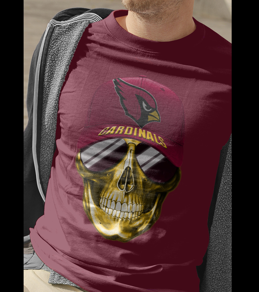 Arizona Cardinals Skull With Hat And Sunglasses T-Shirt