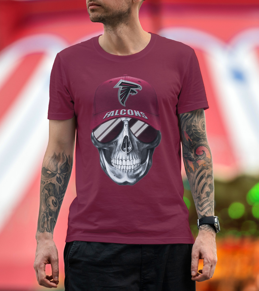 Atlanta Falcons Skull With Logo Hat And Sunglasses T-Shirt