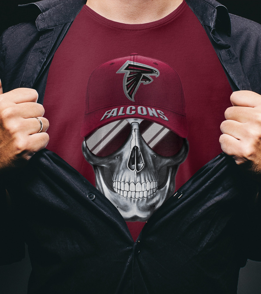 Atlanta Falcons Skull With Logo Hat And Sunglasses T-Shirt