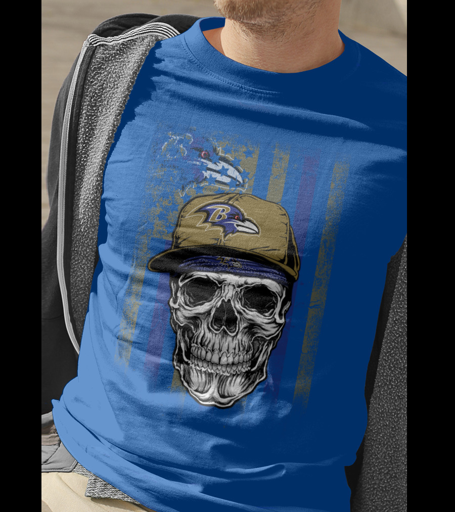 Baltimore Ravens Skull With Hat And Stylized Flag Elements T-Shirt