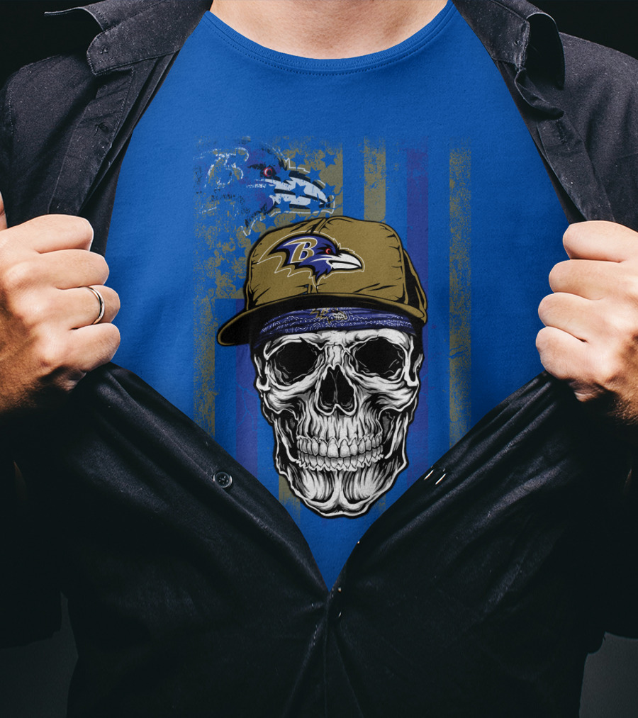 Baltimore Ravens Skull With Hat And Stylized Flag Elements T-Shirt