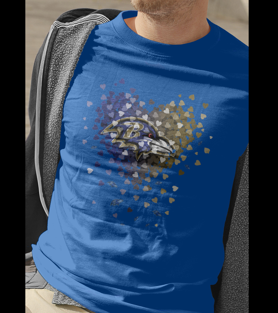 Baltimore Ravens Heart Design With Logo And Multicolored Hearts T-Shirt