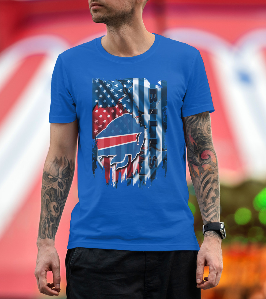 Buffalo Bills American Flag Collage With Team Logo And Bold Vertical T-Shirt