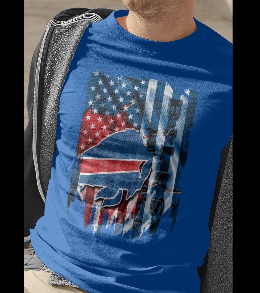 Buffalo Bills American Flag Collage With Team Logo And Bold Vertical T-Shirt