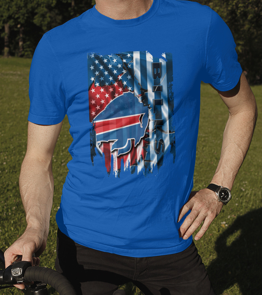 Buffalo Bills American Flag Collage With Team Logo And Bold Vertical T-Shirt