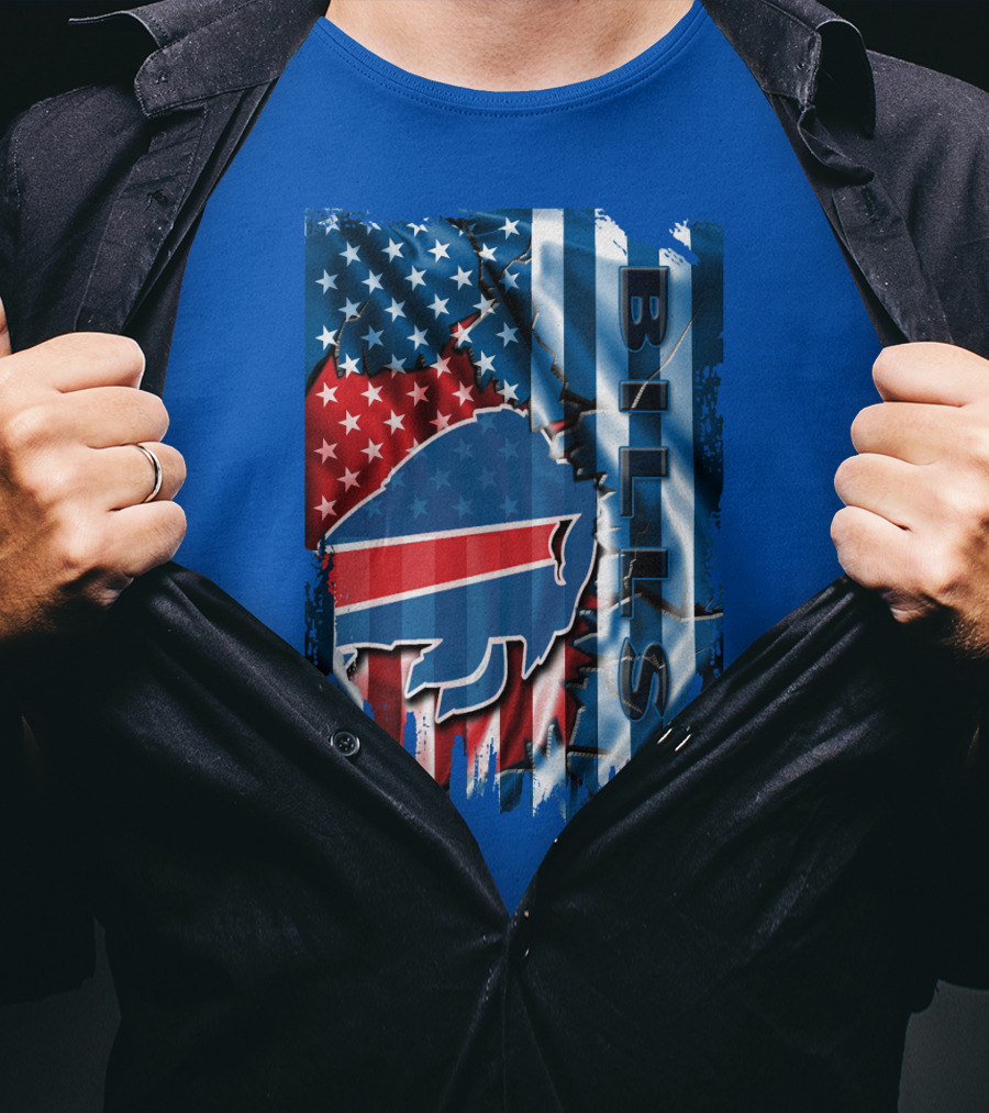 Buffalo Bills American Flag Collage With Team Logo And Bold Vertical T-Shirt
