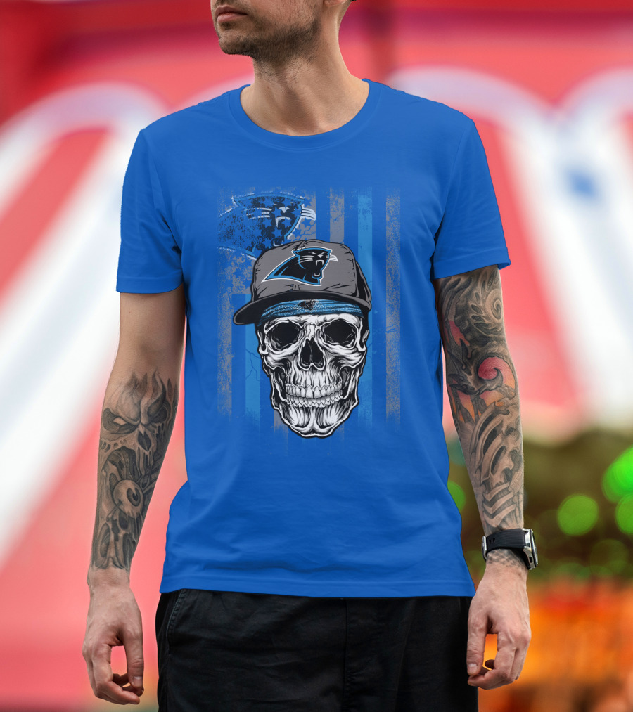 Carolina Panthers Skull With Hat And Striped T-Shirt