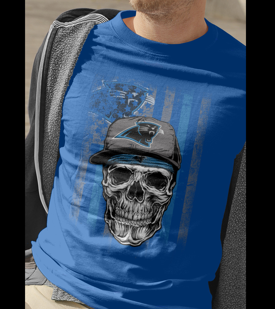 Carolina Panthers Skull With Hat And Striped T-Shirt
