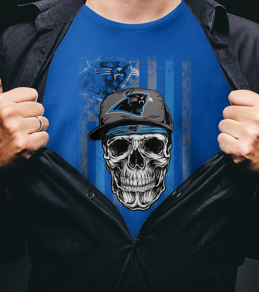 Carolina Panthers Skull With Hat And Striped T-Shirt