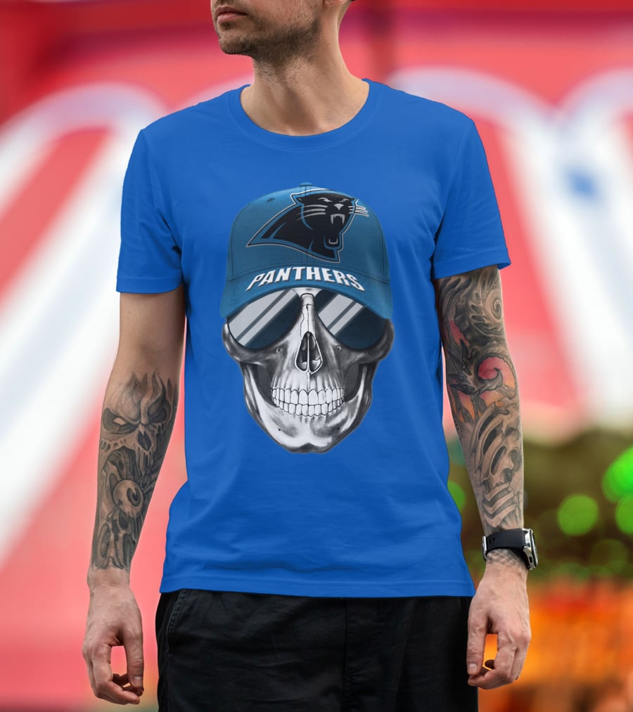 Carolina Panthers Skull Wearing Team Hat And Sunglasses T-Shirt