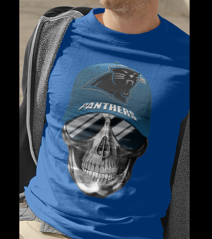 Carolina Panthers Skull Wearing Team Hat And Sunglasses T-Shirt