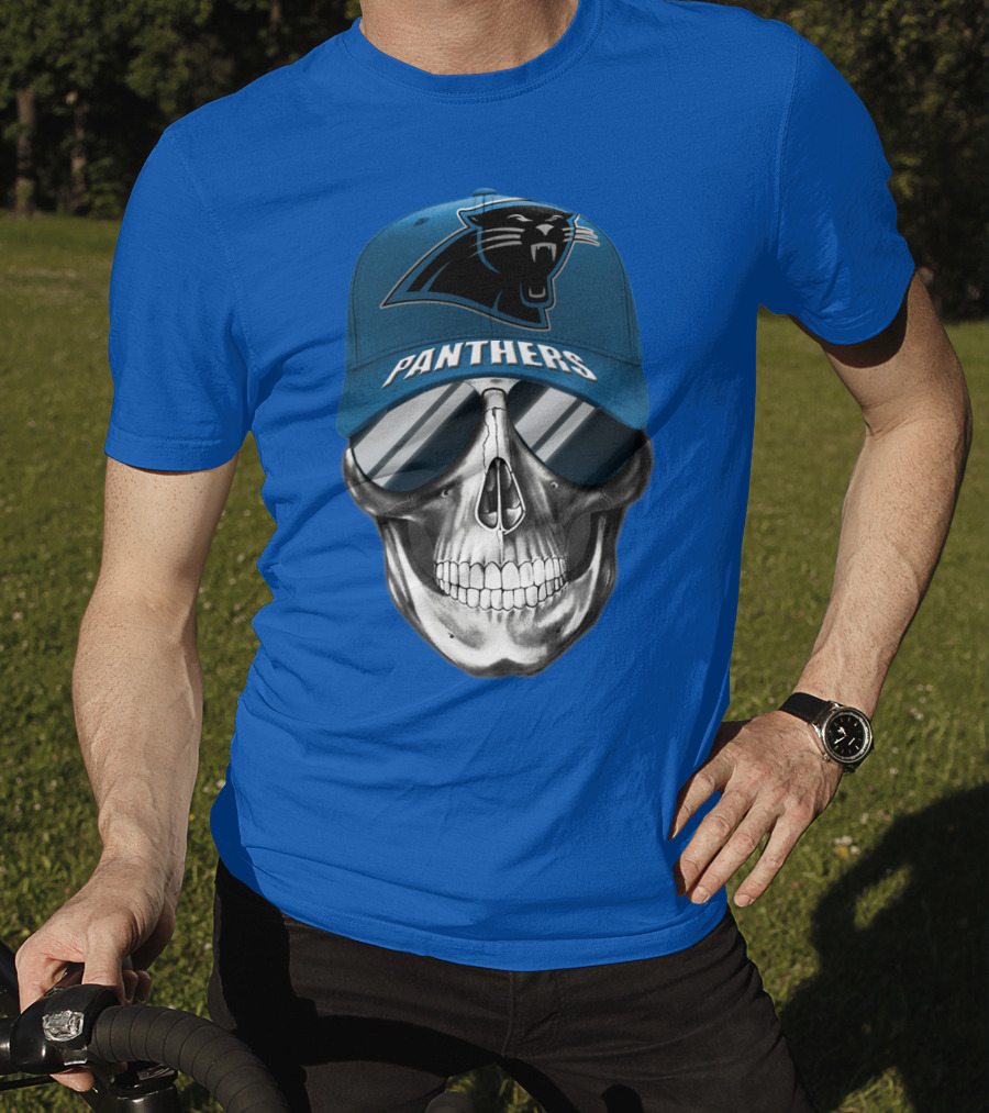 Carolina Panthers Skull Wearing Team Hat And Sunglasses T-Shirt
