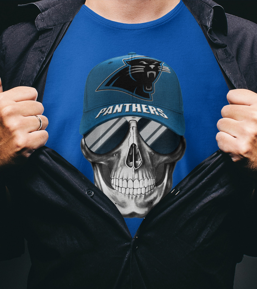 Carolina Panthers Skull Wearing Team Hat And Sunglasses T-Shirt