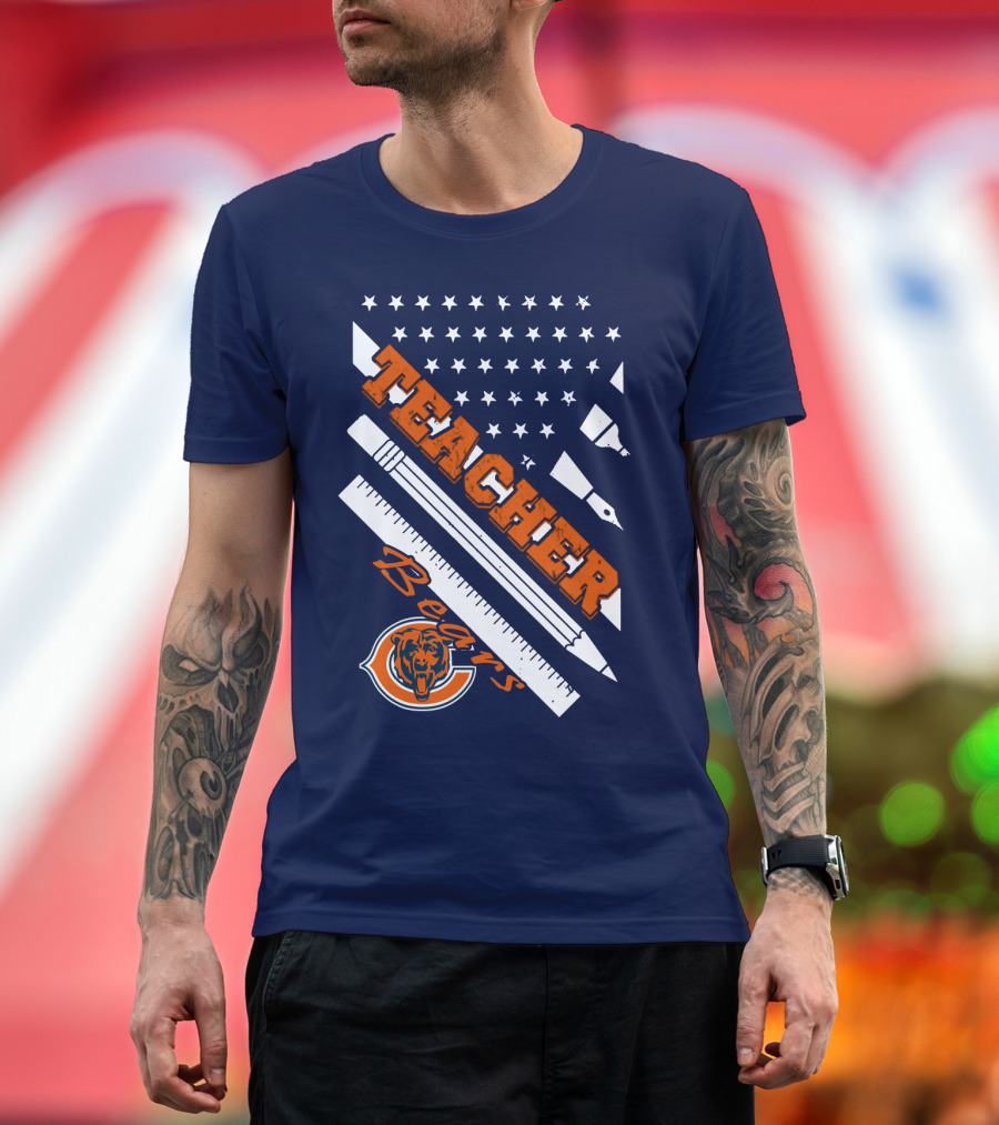 Chicago Bears Teacher American Flag Ruler And Pens T-Shirt