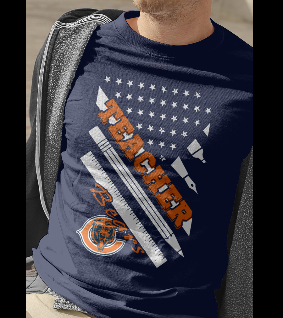 Chicago Bears Teacher American Flag Ruler And Pens T-Shirt