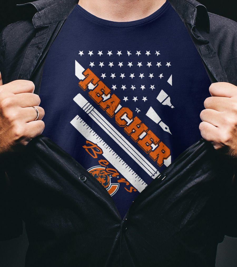 Chicago Bears Teacher American Flag Ruler And Pens T-Shirt