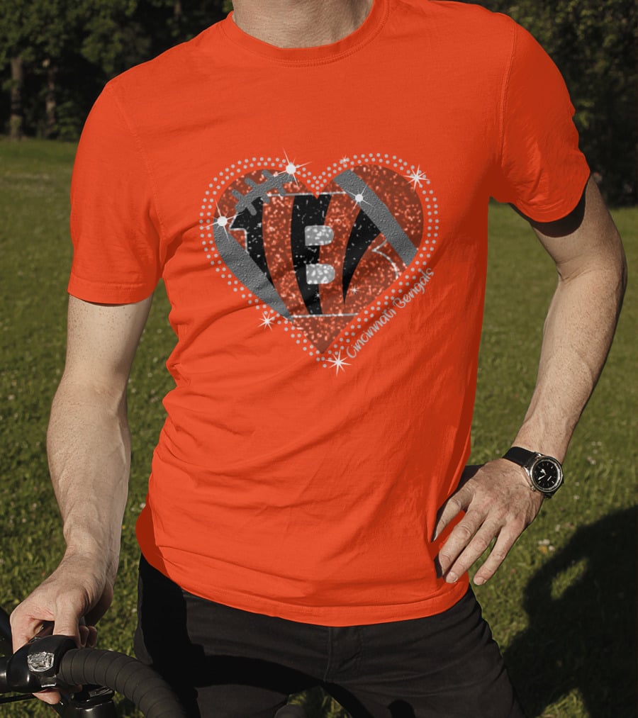 Cincinnati Bengals Heart Sparkle Football T-Shirt