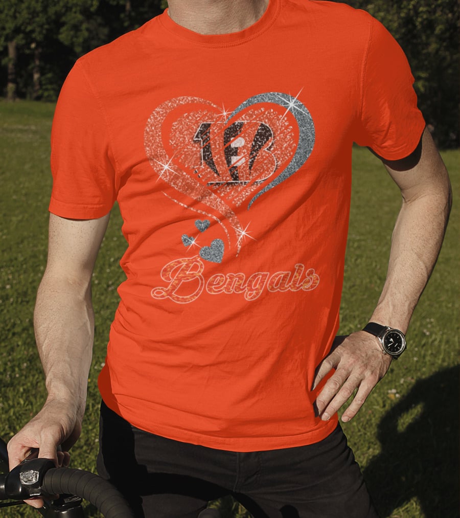 Bengals Heart Sparkle B Stripes Glitter T-Shirt
