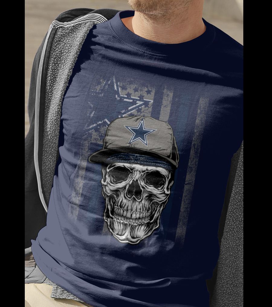 Dallas Cowboys Skull With Star Cap And Grunge Flag T-Shirt