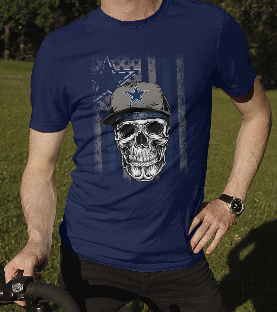 Dallas Cowboys Skull With Star Cap And Grunge Flag T-Shirt