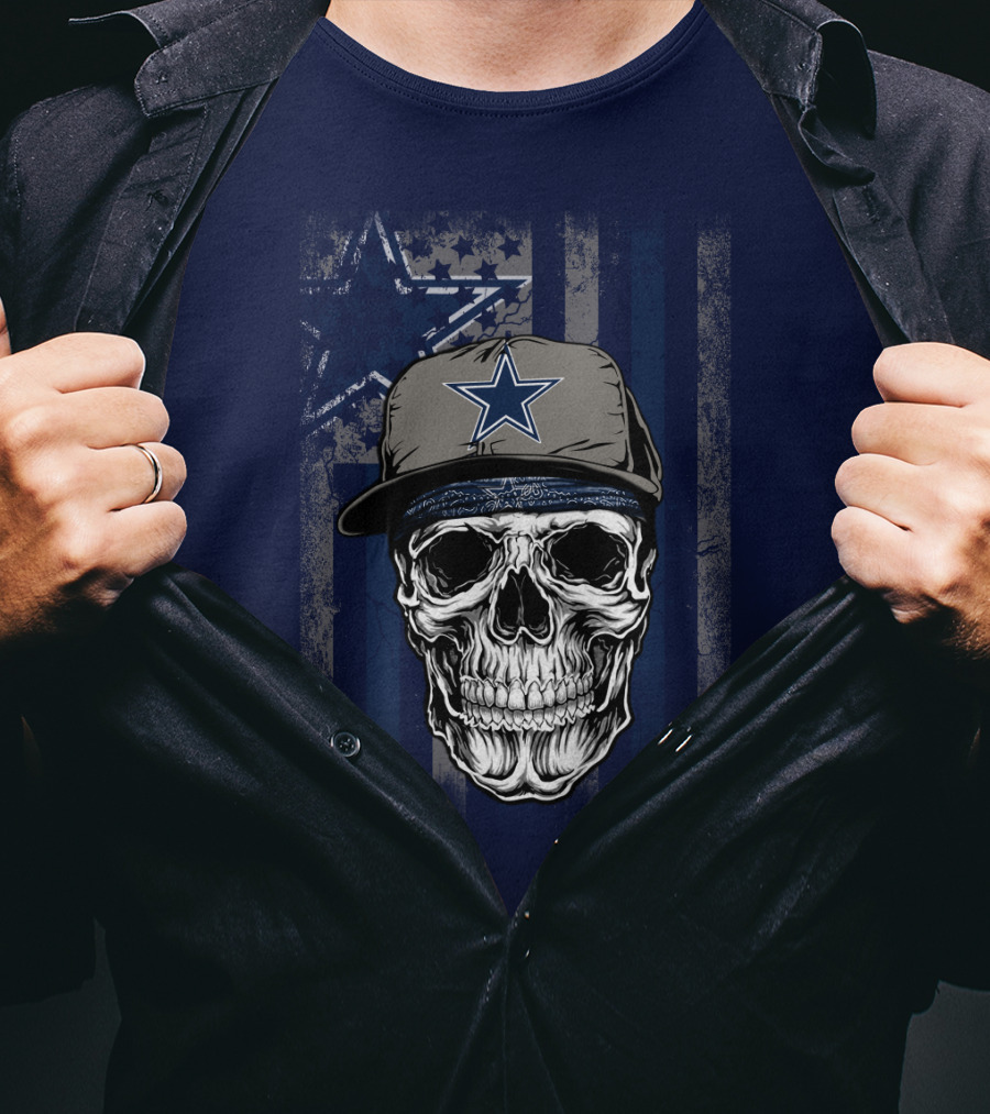 Dallas Cowboys Skull With Star Cap And Grunge Flag T-Shirt