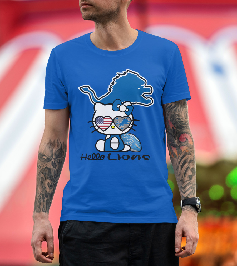 Hello Lions Detroit Lions Football Kitty Patchwork T-Shirt