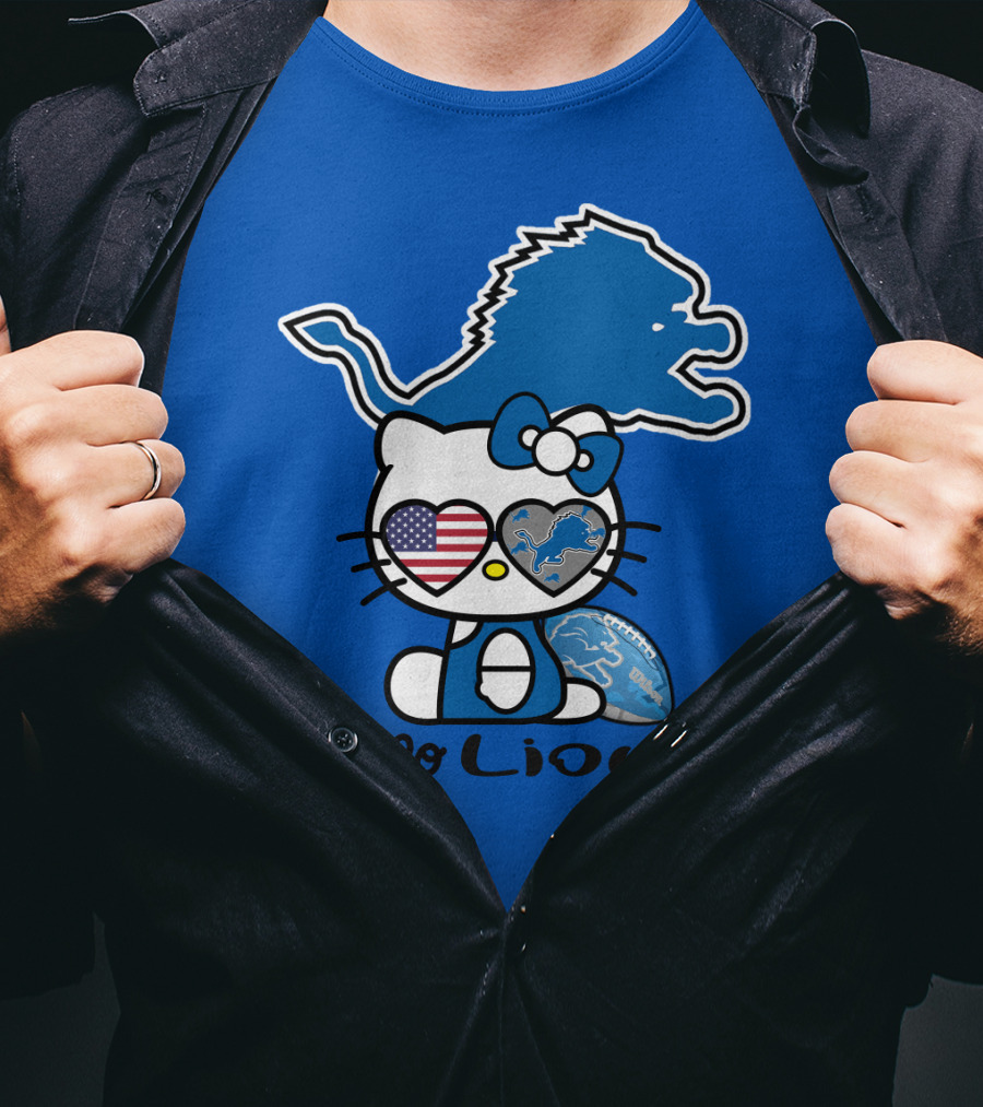 Hello Lions Detroit Lions Football Kitty Patchwork T-Shirt
