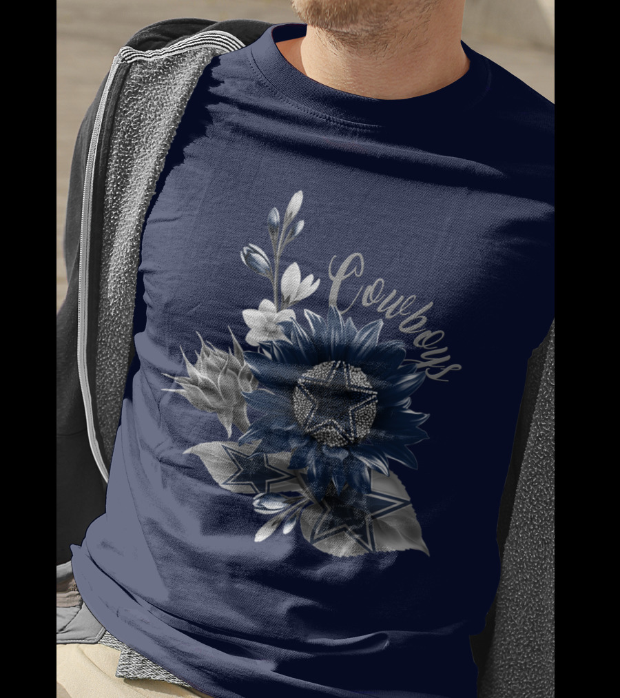 Cowboys Star Floral Design With Navy And Silver Accents T-Shirt