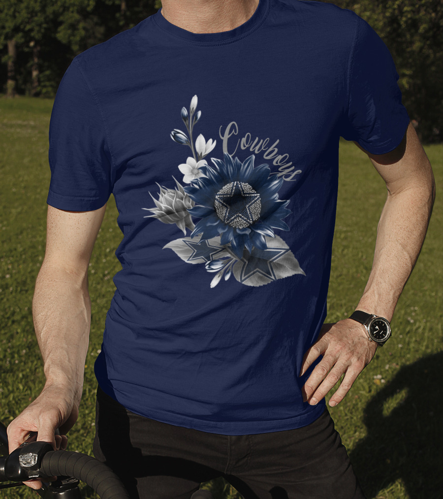 Cowboys Star Floral Design With Navy And Silver Accents T-Shirt