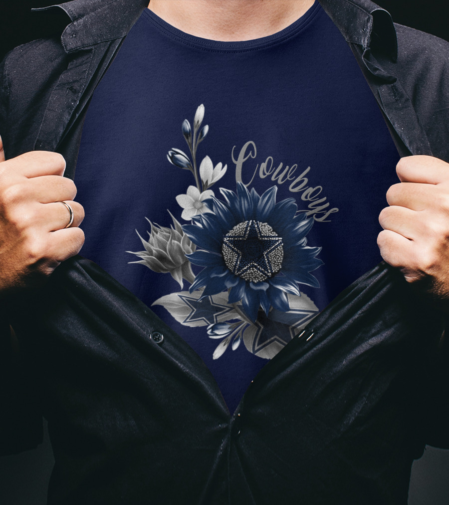Cowboys Star Floral Design With Navy And Silver Accents T-Shirt